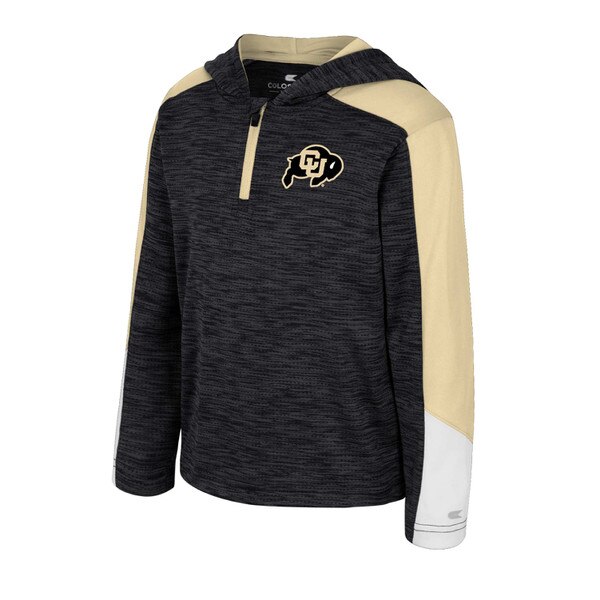Toddler-sized CU Boulder hooded pullover in black with gold and white contrast panels, quarter-zip front, and printed CU Buffaloes logo on chest.